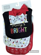 Hudson Baby Bibs and Headbands 5 Piece Set Merry  Bright Christmas Light Bulbs