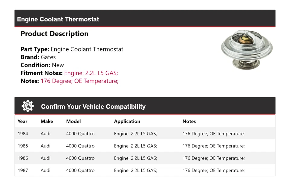 For 1984-1987 Audi 4000 Quattro 2.2L L5 GAS Engine Coolant Thermostat Gates 1985 - Image 2 of 4