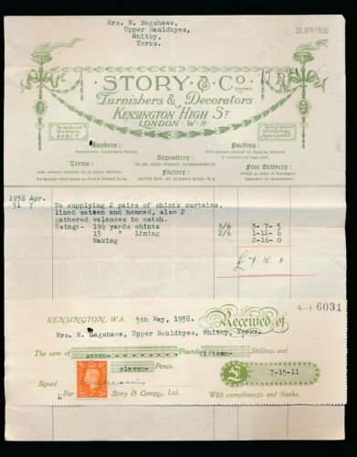 GB 1938 ORNAMENTADO BILLHEAD STORY + CO MUEBLES KENSINGTON - Imagen 1 de 1