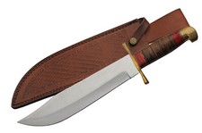Bowie Knife 17" Overall Leather Handle Stainless Blade Brass Guard Sheath