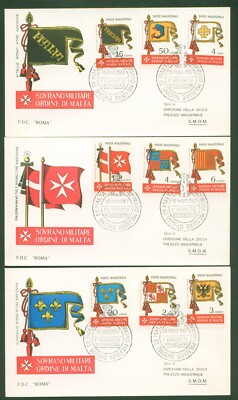 S.M.O.M. JAHR 1967 SOUVERÄNER MALTESERORDEN 3 FDC ALTE FLAGGEN STEMPEL ANKUNFT