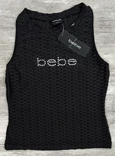 Bebe Ribbed Rhinestone Bling Logo Tank Top Stretchy Jet Black Size Medium NEW