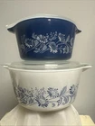 PYREX Vintage Colonial Mist Blue/White Nesting Casserole Dish #473/474 With Lids