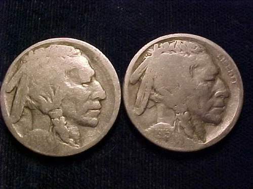 Two Buffalo Nickels: 1914-D and 1915-D; Acid treated dates