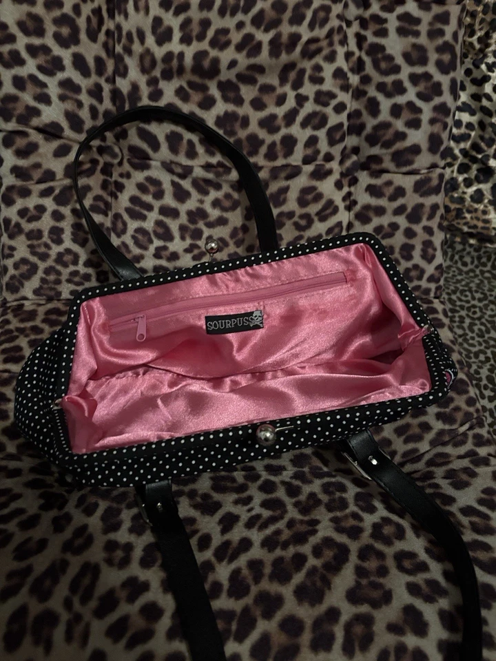Sourpuss shoulder bag purse polka dots skull goth grunge biker punk rock pinup - Image 4 of 4