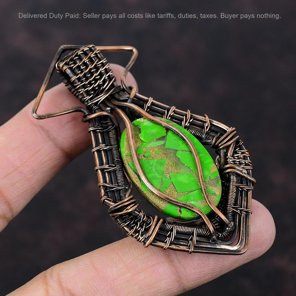 Cobre Natural Cobre Verde Turquesa Boho Alambre Envuelto Art Deco Colgante Joyería Foto 4 de 4