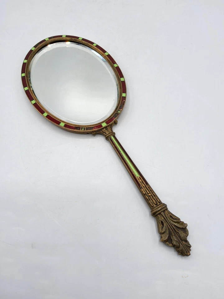 Miroir biseauté face à main en bronze patiné et émaux cloisonnés XIXème - Photo 2/4