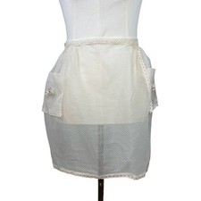 VTG Sheer White Swiss Dot Half Apron Pink Floral Rosette Lace Trim Pockets