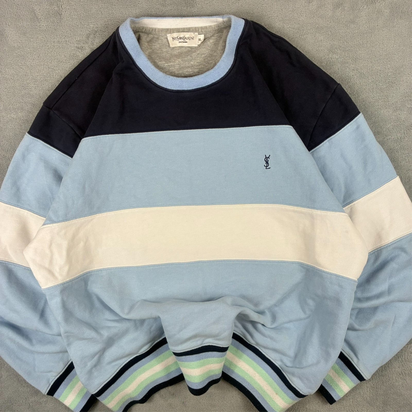 Vintage Yves Saint Laurent YSL 1990's Blue White Stripe XXL Pullover Sweatshirt image 3