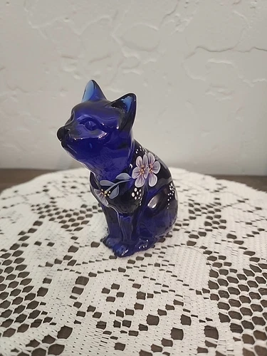 Fenton Cobalt Blue Hand Painted Flowers Cat Figurine