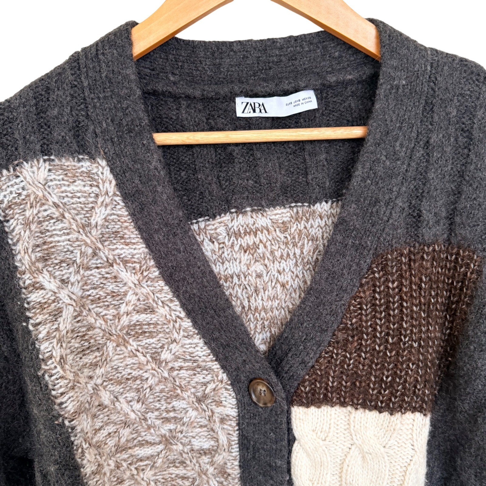 ZARA Patchwork Knit Cardigan Gray Multi Browns Bu… - image 3