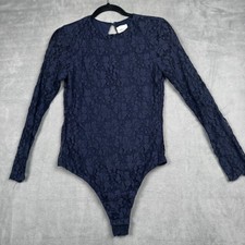 MISA Los Angeles Navy Blue Floral Lace Long Sleeve Keyhole Back Bodysuit Size M