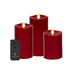 Set of 3 Burgundy Flameless Flickering LED Paraffin Pillar Candles Remote Timer
