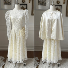 Vintage 80s Elaine’s Victorian Bridal Tea Midi Length Ivory Dress and Cape S