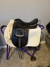 16.5” M Tree Collegiate Black Dressage Saddle with Pad, Stirrups and Cover