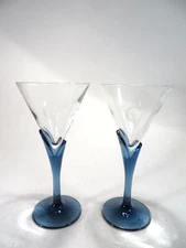 Courvoisier Cognac Cocktail Glasses Set of 2 Blue Glass Stem 7" READ Descrip