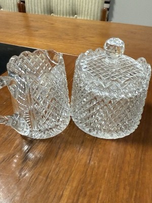Vintage Cut Crystal Creamer & Suger Bowl w/Lid - Diamond Point Pattern