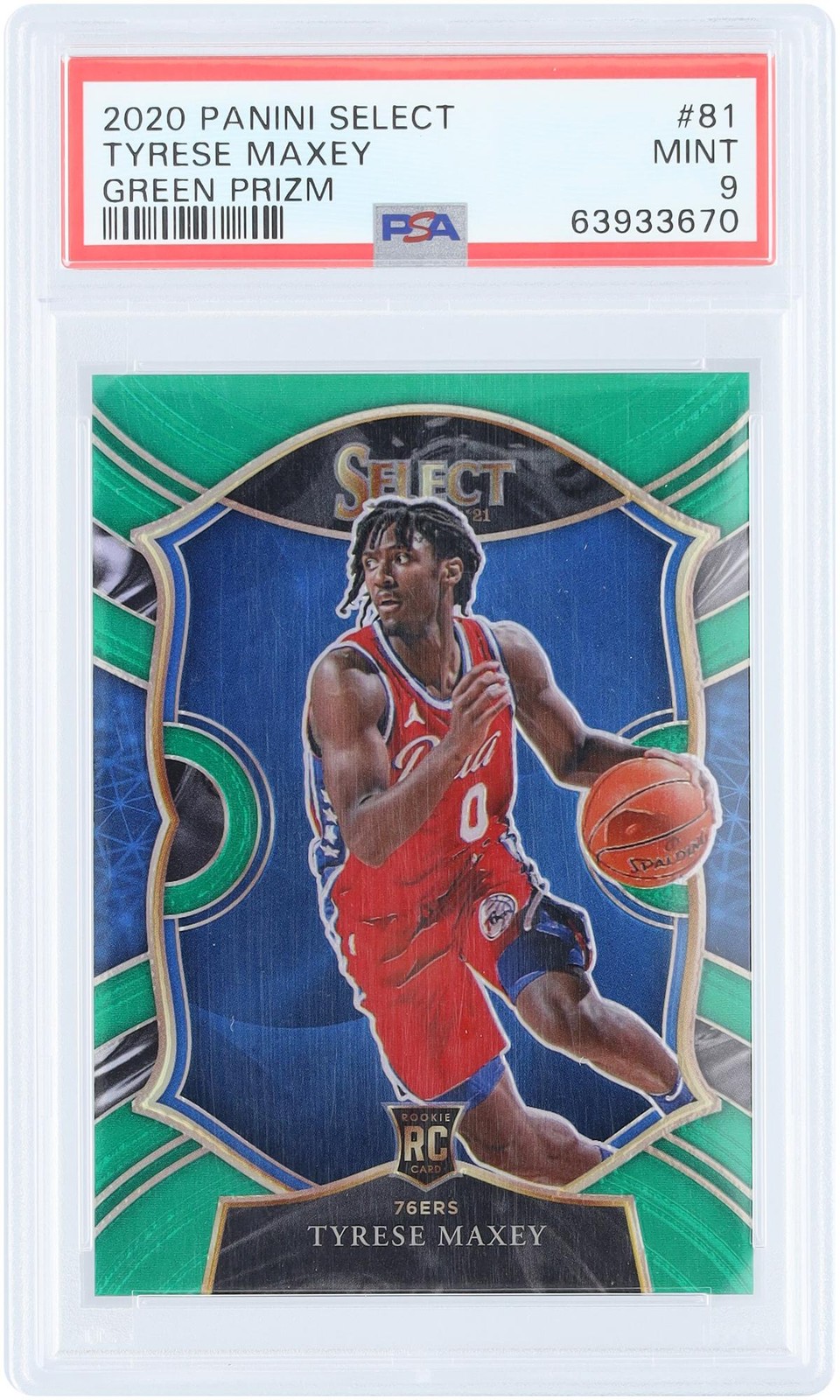 Tyrese Maxey 76ers 2020-21 Panini Select Green Prizm #81 #3/5 PSA 9 Rookie Card