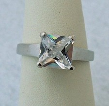 0.925 Sterling Silver 7mm sq CLEAR STONE SOLITAIRE ENGAGEMENT BAND RING size 7