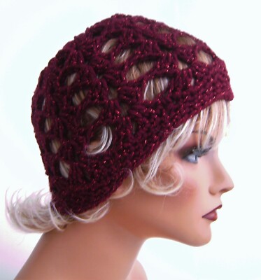 NEW MULBERRY SPARKLE OPEN WEAVE BEANIE HAT HAND MADE CROCHET BERET SKULL CAP