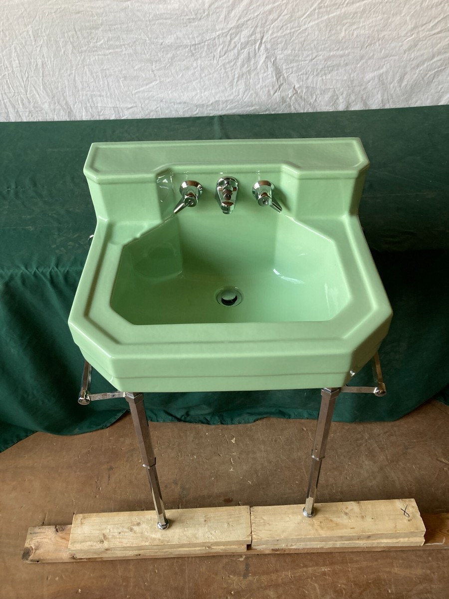 Vintage Pale Jadeite Green Bath Wall Sink Chrome Brass legs