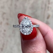 1.56 TCW Pear Cut Moissanite Halo Wedding Engagement Ring  14k White Gold Plated