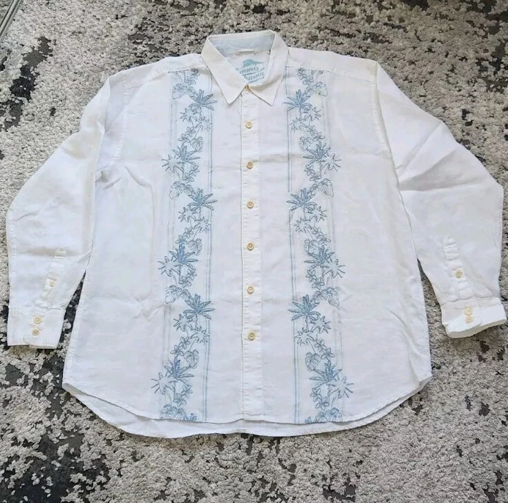 Tommy Bahama Shirt Mens XXL White Linen Button Up Floral Embroidered Beach
