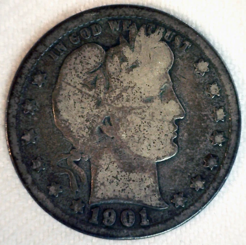 1901 Silver Barber Quarter Circulated Philadelphia Mint 25c US Coin Good Dark