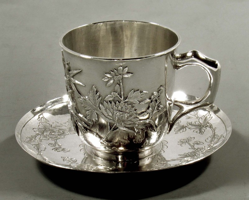 Chinese Export Silver Tea Cup and Saucer    c1890 SIGNED
