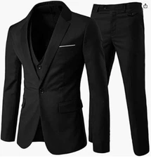 WULFUL Men's Suit Slim Fit Black 3 Piece M 40R 34W  Notch Lapel 1 Button
