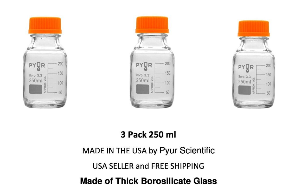 250 ml Glass Reagent Media Storage Bottle GL45 Screw Cap Bor
