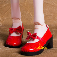 1/3SD BJD Doll PU Leather Shoes Round-toe High Heels with Bow Deco Red AOD DOD