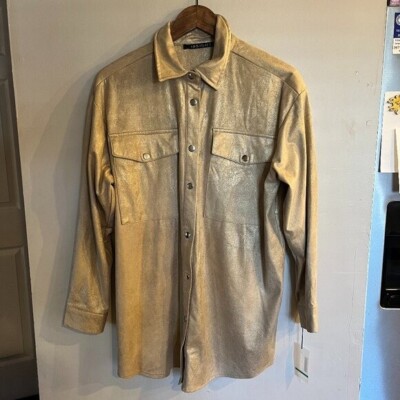 INSIGHT Women's Gold Shimmer Button Down Collared Long Sleeve Shirt Size M NEW