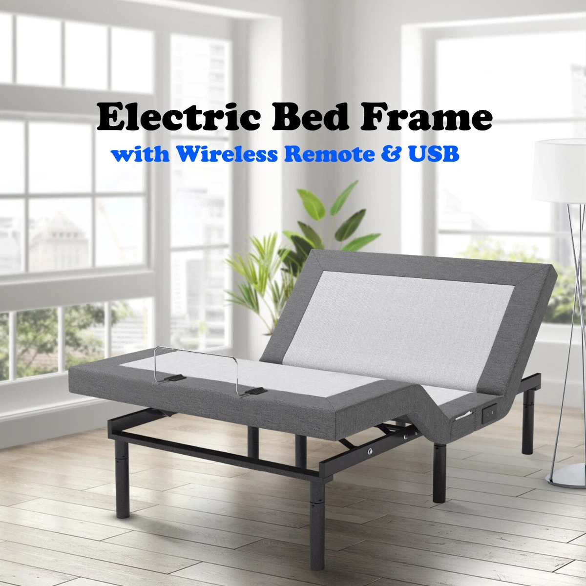 Upholstered adjustable bed frame on sale with wireless remote