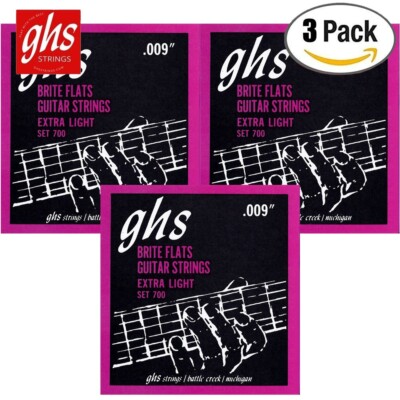 3-PACK GHS 700 Brite Flats Micro-Ground Roundwound Nickel Guitar Strings 9-42