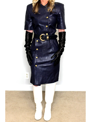Womens Leather Dress Navy Blue S/M? SOFT Lambskin Designer Vintage 80s 90s Rare