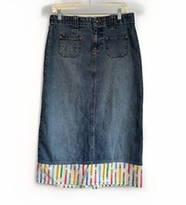 Vintage Old Navy Jean Midi Denim Skirt Women s 4 Pencil Print Ruffle Teacher