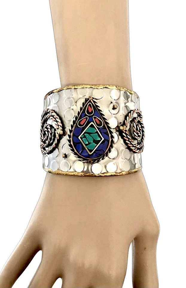 Brazalete Brazalete 2.25" W Tono Plata Simulado Semi Precioso Étnico Inspirado Tribal Foto 2 de 4