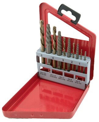 10 Piece Broken Screw Extractor and Left Hand Drill Bit Set w Metal Storage Box