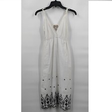 Mint Green Boho Cotton V-Neck Sleeveless Embroidered Midi Dress Small White