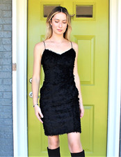 Vintage 90s Isabel Ardee Little Black Dress Slipdress Size 4 Women Furry Fringe