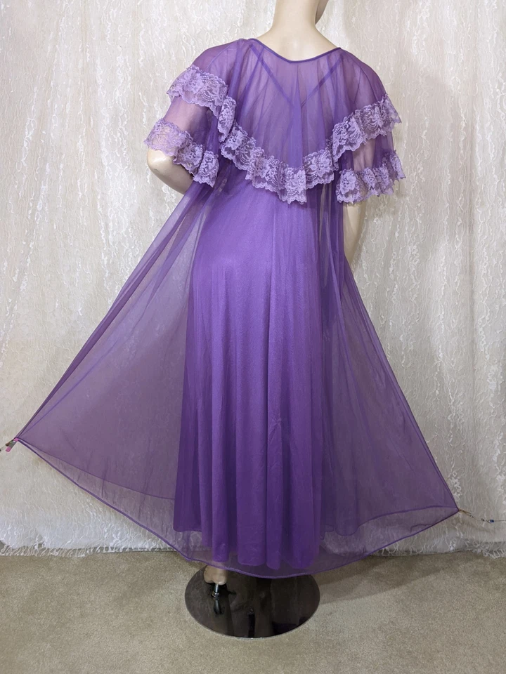 Vintage 🟣 Vestido sin Mangas Camisón Chifón Volantes Encaje Bata Peignoir Conjunto Mezcla M Foto 3 de 4