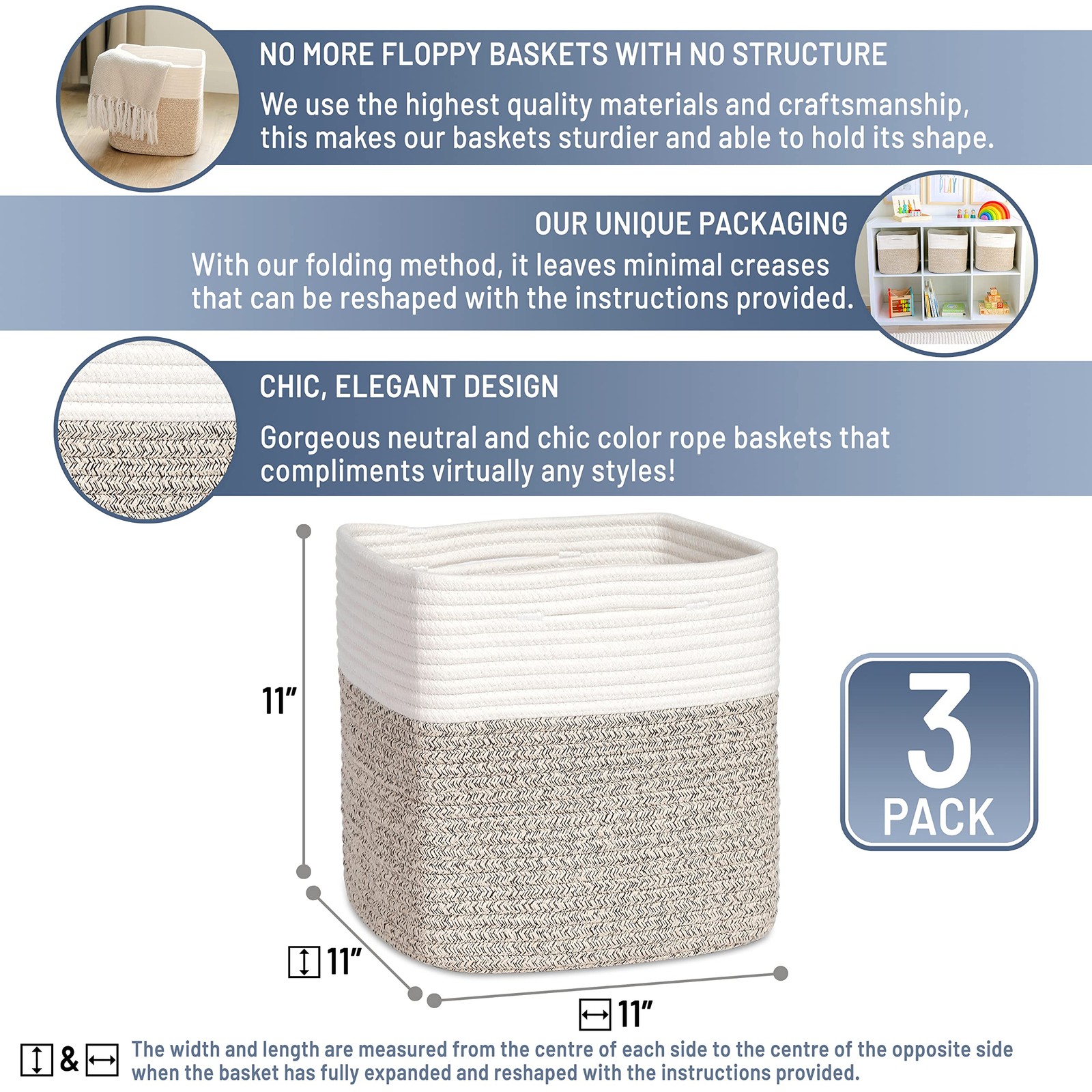 Storage Cubes 11 Inch Cotton Rope Woven Baskets for Organizing, 3-Pack | Cube...