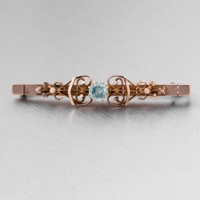 Antique Victorian Etruscan Revival 14k Rose Gold Aquamarine Scroll Brooch Pin