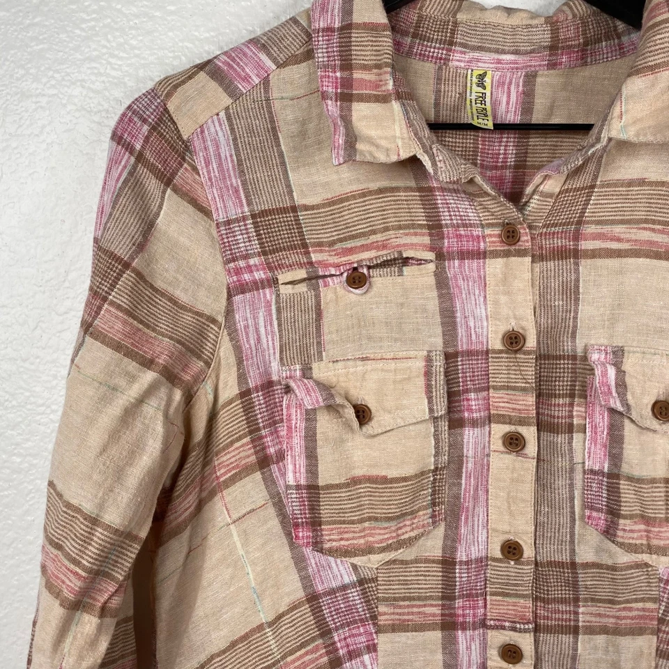 Blusa feminina Free People xadrez mistura de linho aba rolo rosa bronzeado tamanho M boho faroeste - Imagem 4 de 4