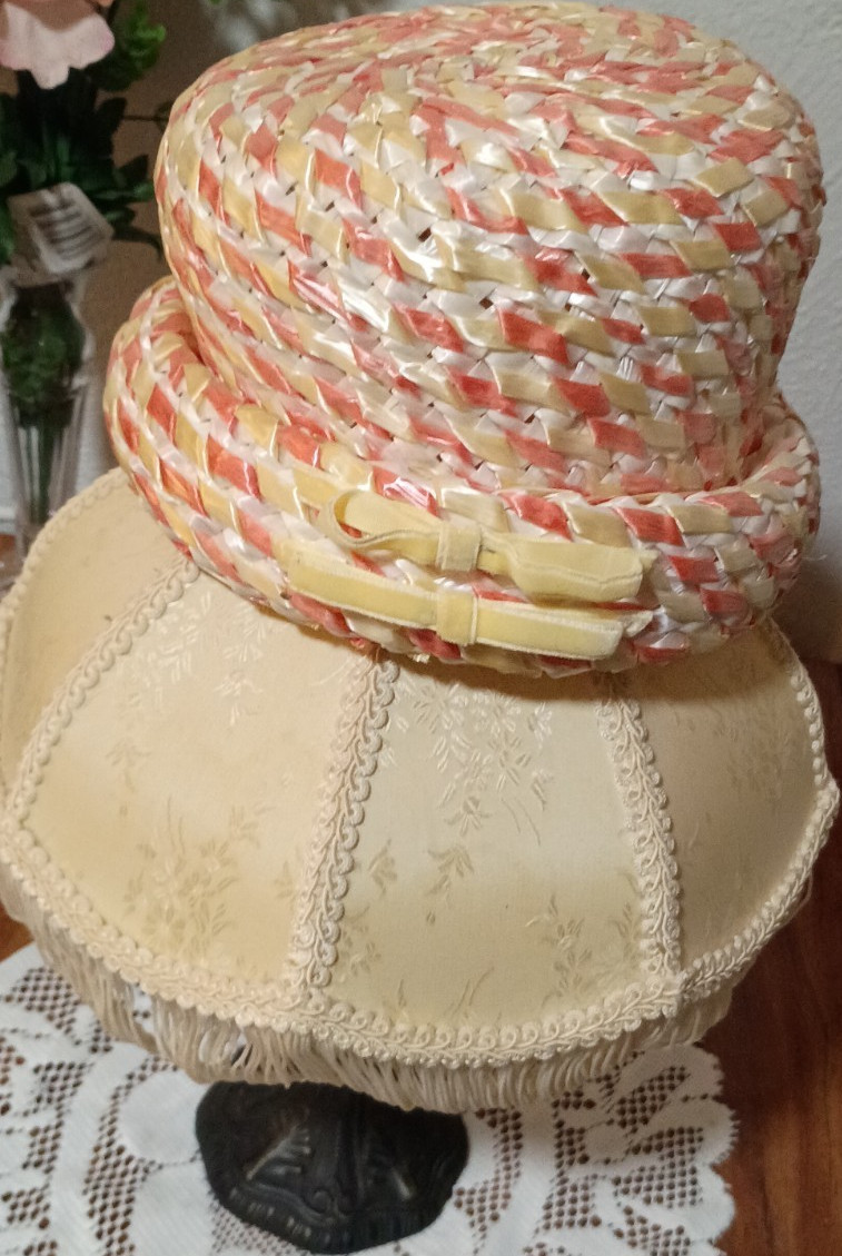 Vintage Straw Hat Ivory Pink Yellow Women's Woven Bow Decorative Accent