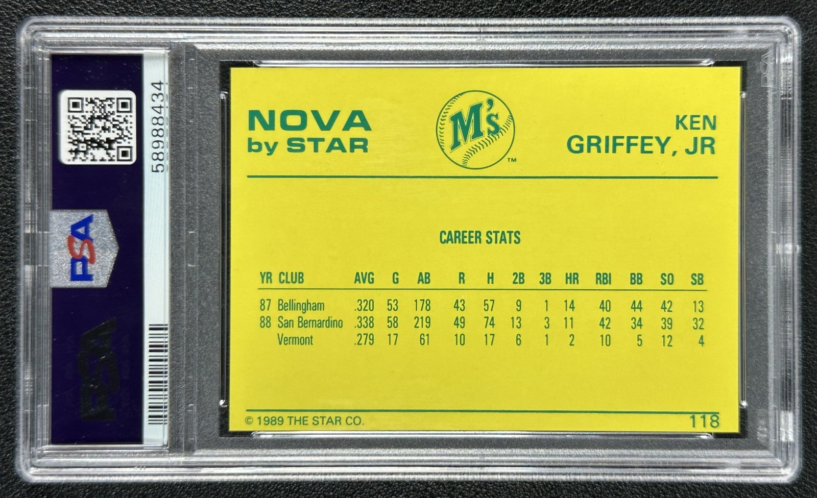KEN GRIFFEY JR. PSA 9 1988-89 STAR NOVA EDITION #118 ROOKIE CAREER STATS RC 8434 view 2
