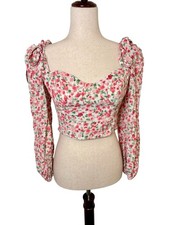 ASTR The Label Pink Floral Tie Puff Sleeve Sweetheart Corset Crop Top Small