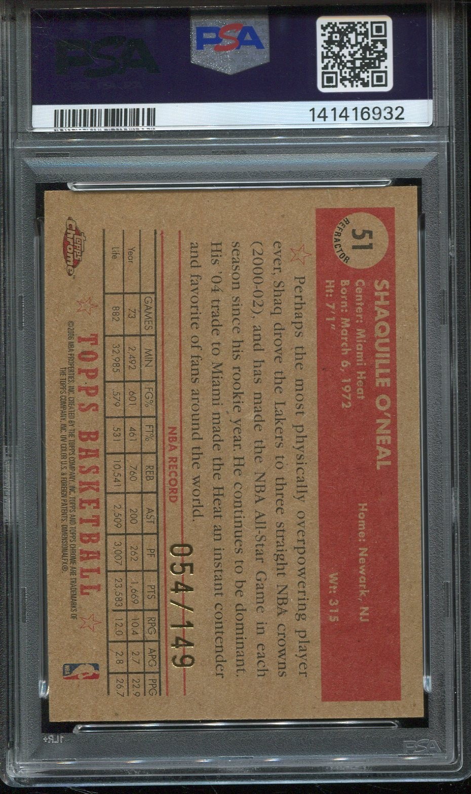 2005 Topps Chrome 1952 Style Blue Refractor #51 Shaquille O'neal psa 9 HOF /149 view 2
