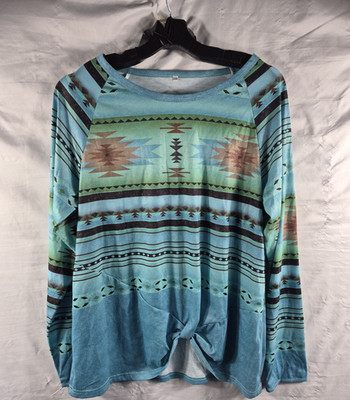Unknown Brand Women's Blue Front Knot Southwestern Tribal Top Plus SIze 2XL